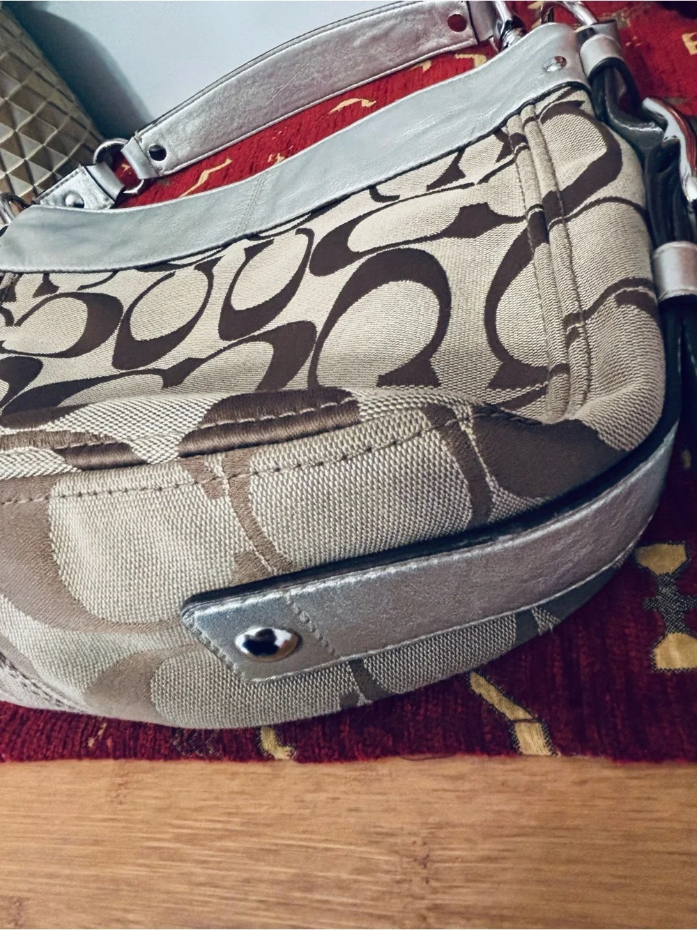 Coach Brown Signature Canvas Shoulder Bag with Silver Trim